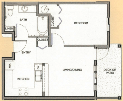 Floor plan for 1 bed, 1 bath, 586 sqft